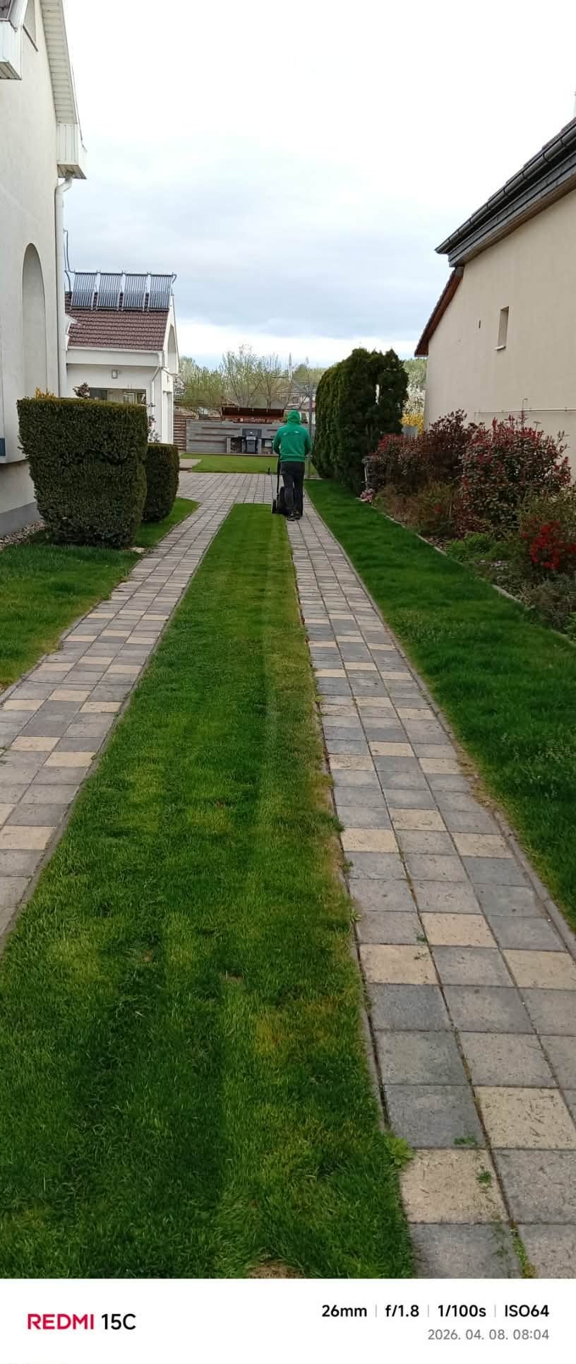 Fűnyírás a térkövezett járdák közötti gyepsávon
